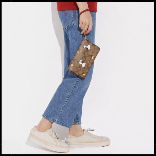 COACH x PEANUTS Long Zip around Wallet Snoopy Woodstock Khaki Signature F/S