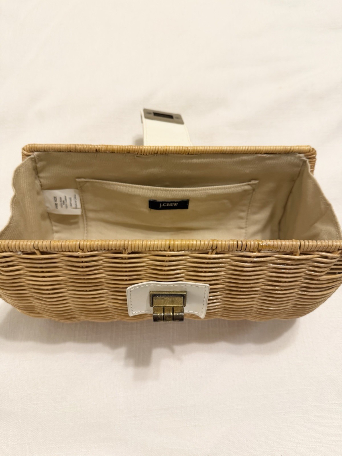 J.CREW Beige Woven Clutch Turn Lock Closure Gold Hardware Lined Inner Pockets