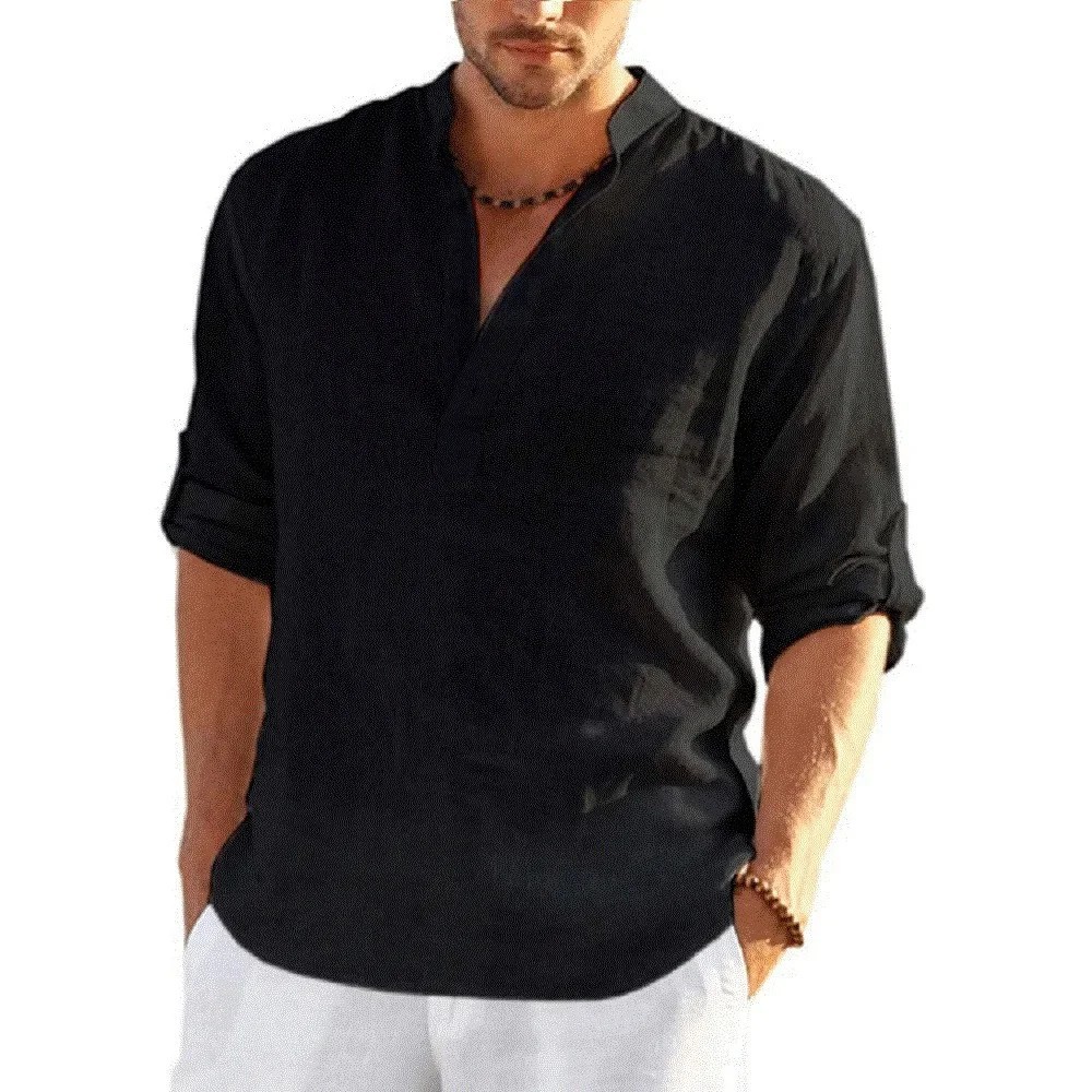 Men’s Cotton Linen Henley Long Sleeve Shirt Casual Beach T-shirt Tee Summer Gift