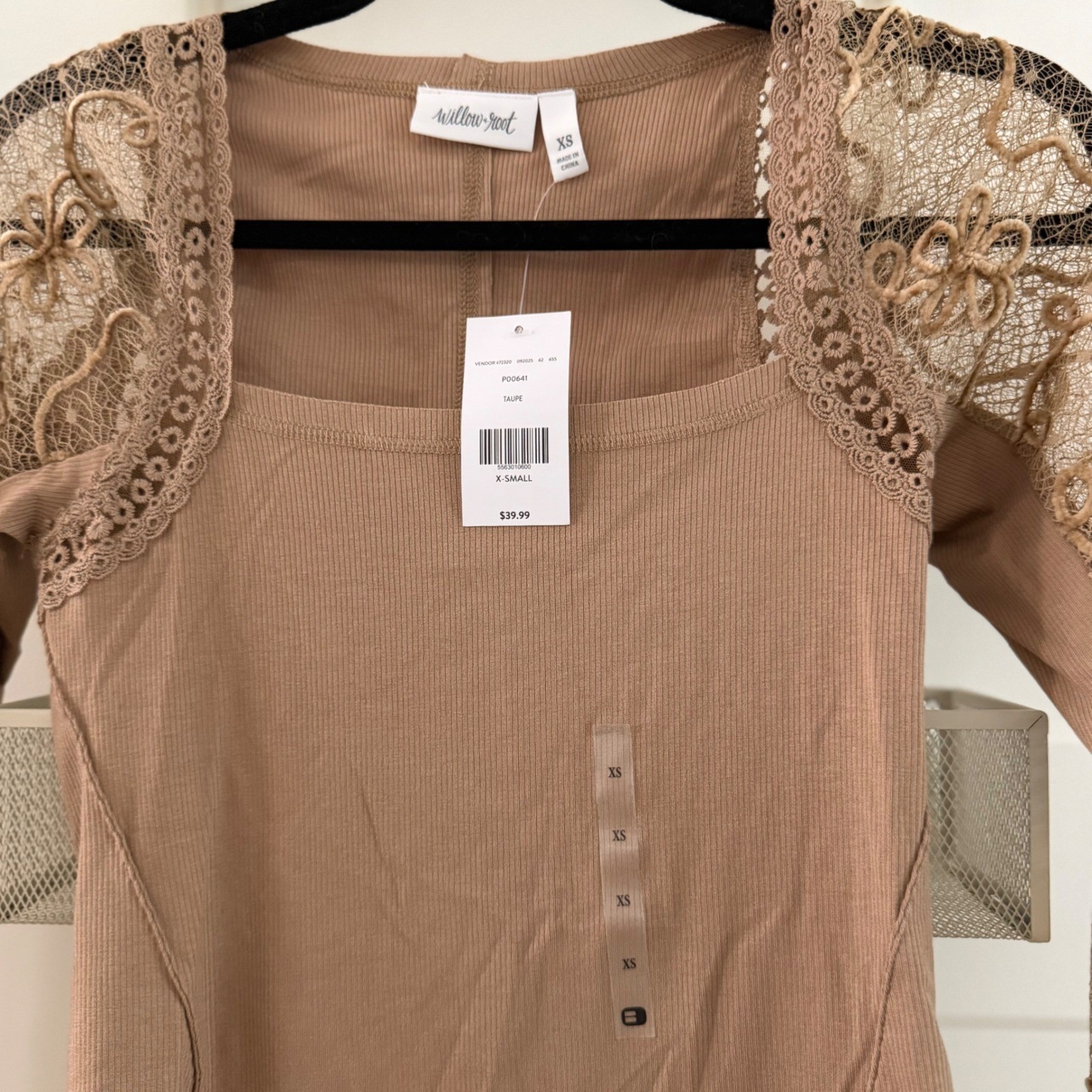 Willow & Root Taupe Pieced Crochet Ribbed Square Neck Top XS New Boho western