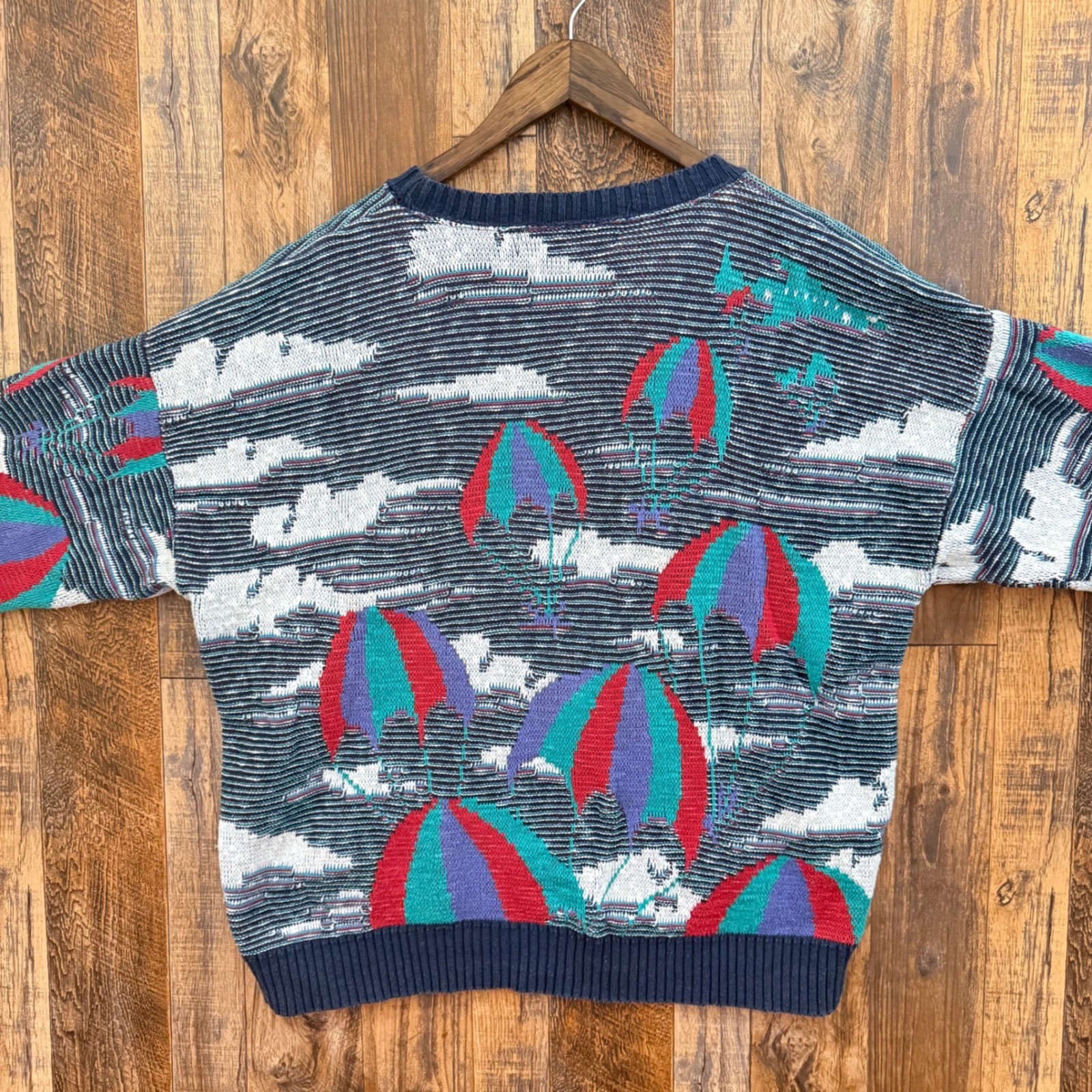 Vintage Crossings Mens Large Cotton Hot Air Balloon Cloud Knit Sweater Navy USA