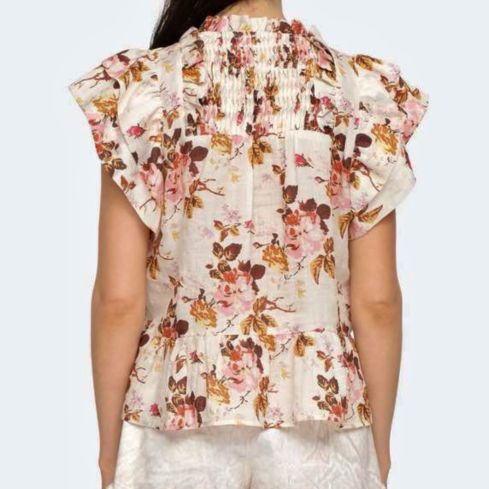 Sea New York Large Floral Ruffled Cap Sleeve Pleated Tasseled Esme Blouse Top