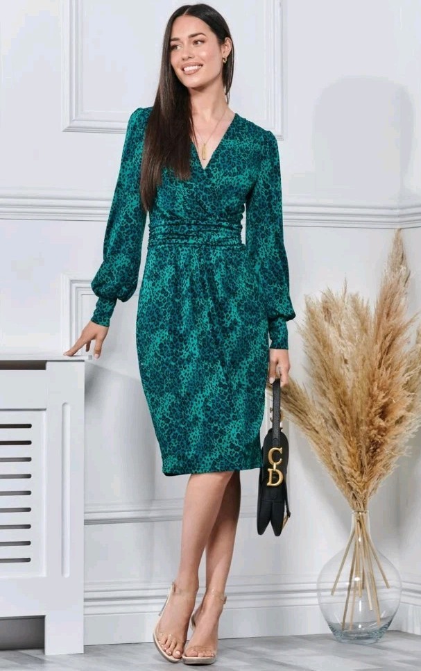 Jolie Moi Green Animal Print Jersey Dress V-neck Knee Length Pockets Size 14 Uk
