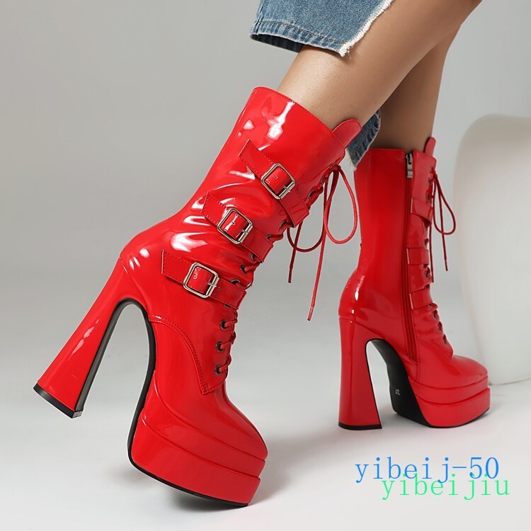 Women’s Mid Calf Boots High Heels Platform Leather Runway Party Buckle Shoes Zip