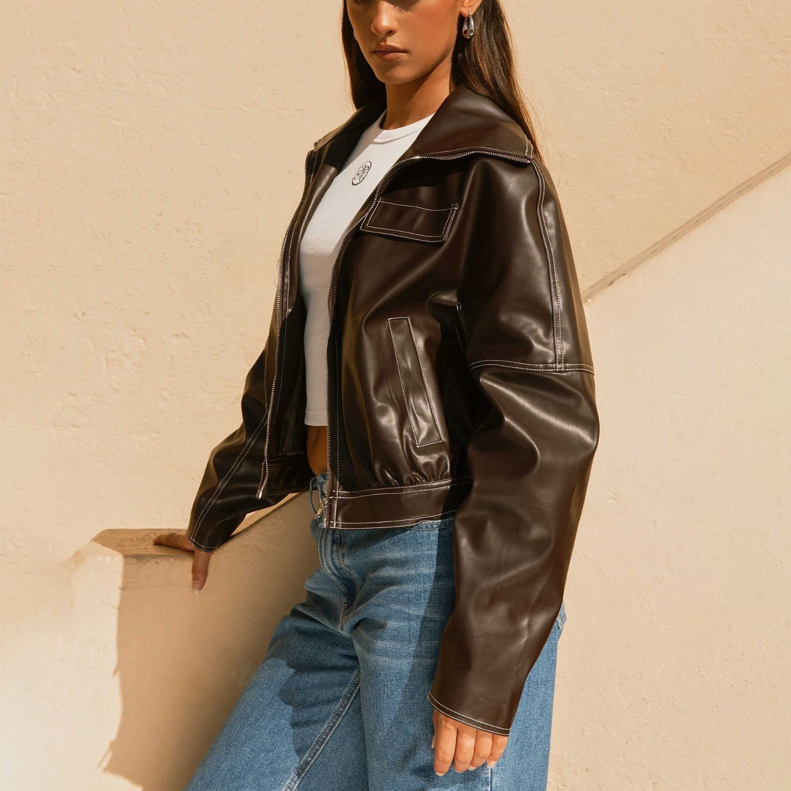 Women’s Real Leather Jacket Dark Brown Contrast Stitch Cropped Bomber Coat Gift
