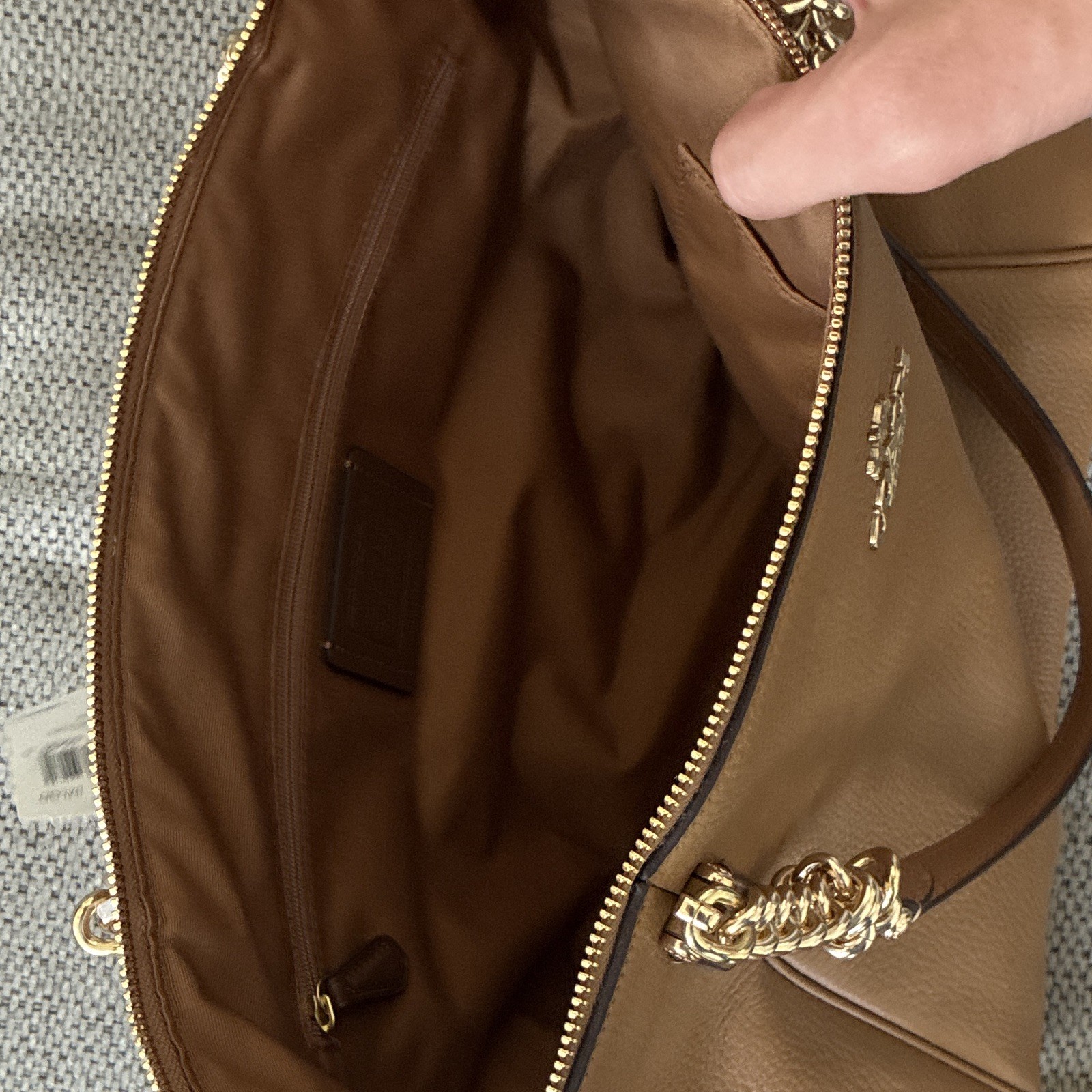 Coach Women’s Pebbled Brown Tote Gold Hardware Zip Top Chain Shoulder Strap