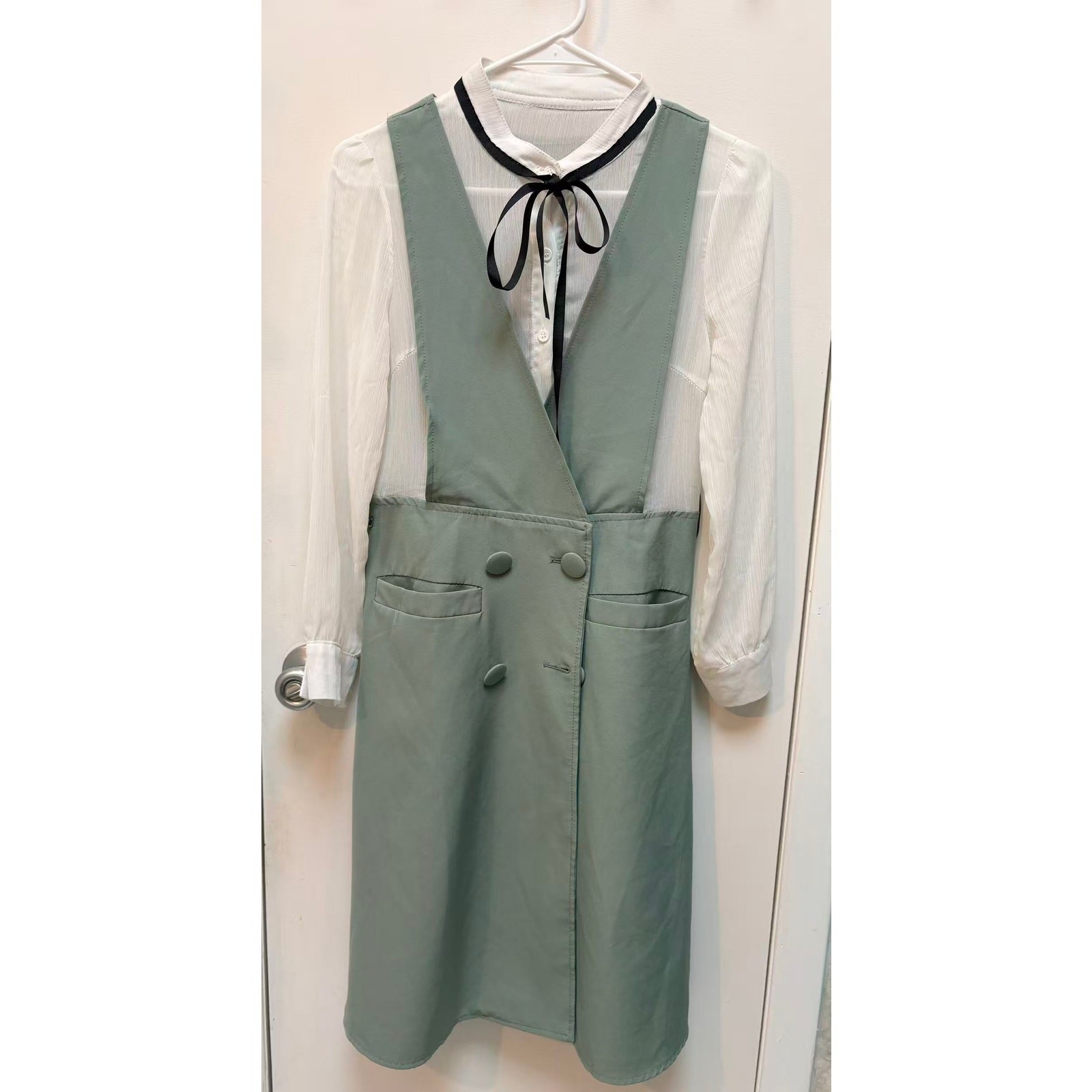 Korean Style 2 Piece Set Sage Green Pinafore Dress White Sheer Blouse Bow XS
