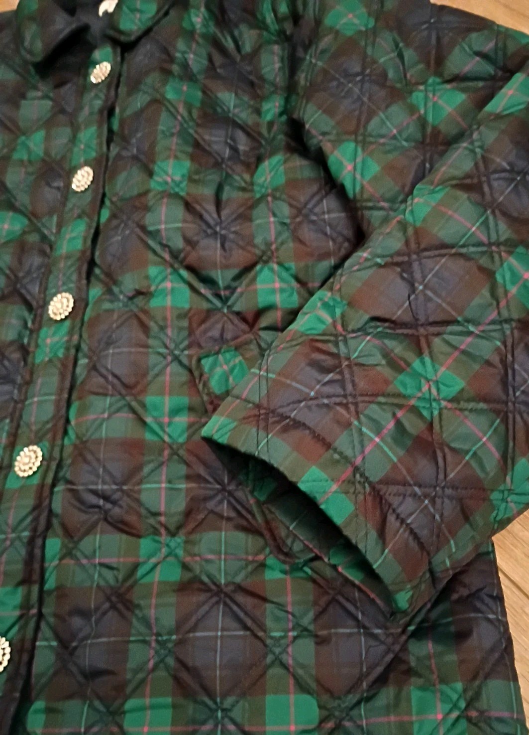 Crown & Ivy Navy Green Plaid Quilted Jacket Bling Rhinestone Button Snaps Sz M