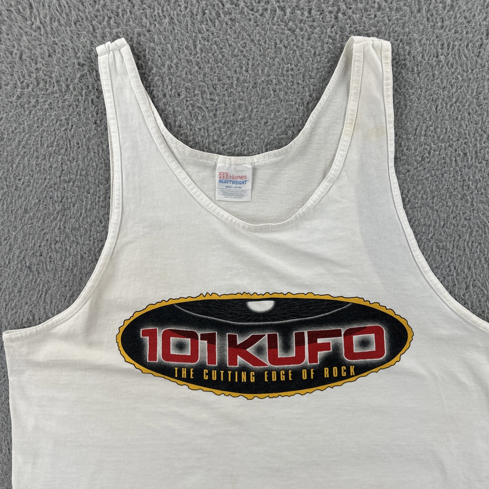 Vintage Hanes Men’s L White Sleeveless Shirt 101 KUFO the Edge Of Rock Radio Tee