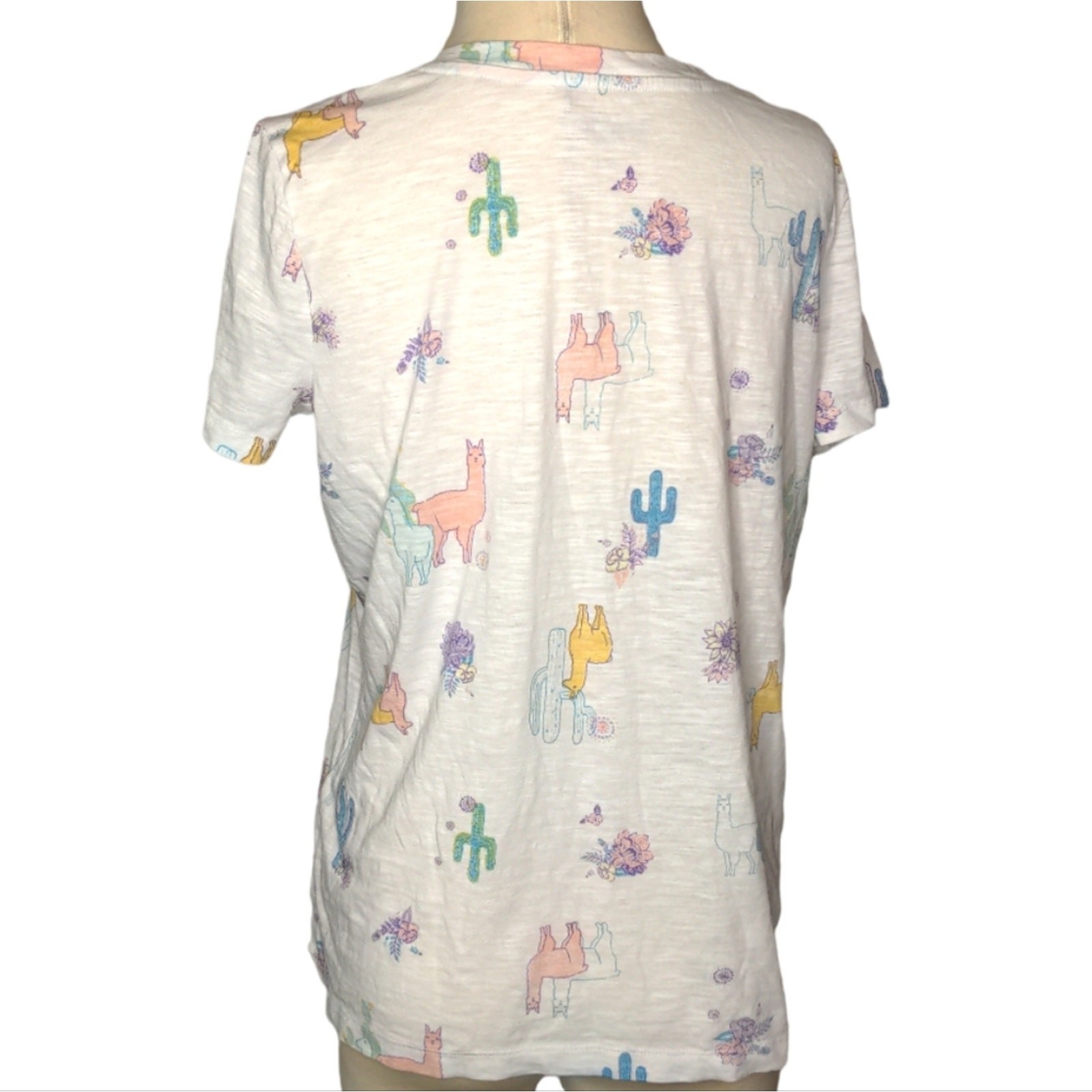 MUDD Roadtrip Tee White Llama Cactus Floral V-Neck Burnout Tee Small