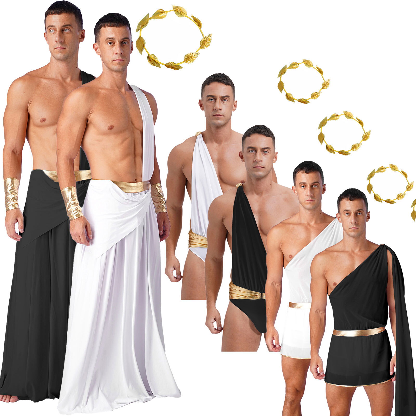 Mens Halloween Cosplay Ancient Greek God Costume Roman Tunic Toga with Headwear