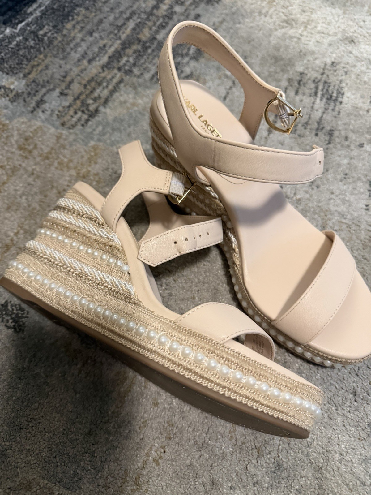 Karl Lagerfeld Beige Wedge Sandals US 8 Pearl Beading Ankle Strap Buckle