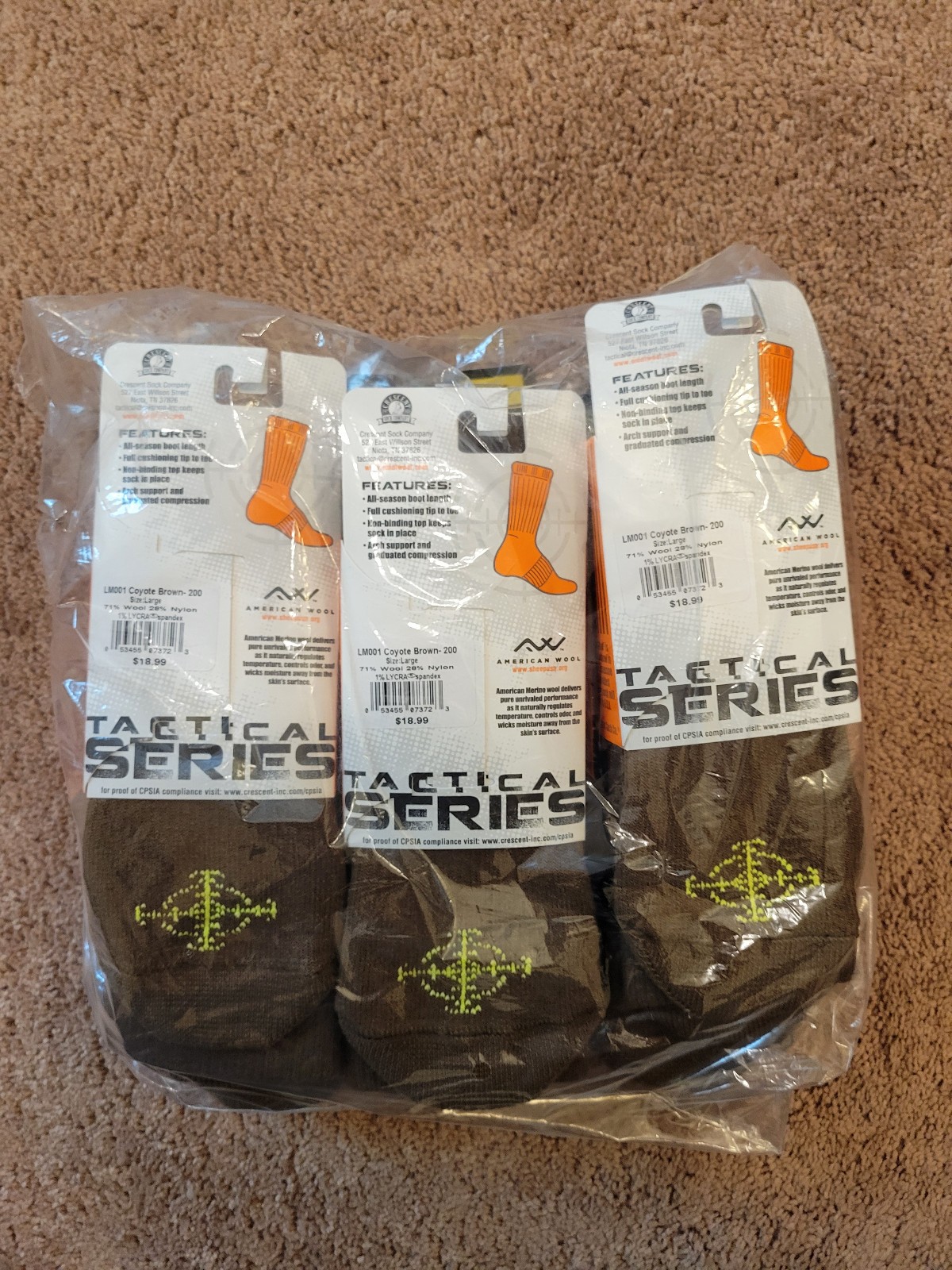 6 Pair Crescent Omni-Wool Tactical Boot Socks Large Coyote Brown Merino Wool LM0