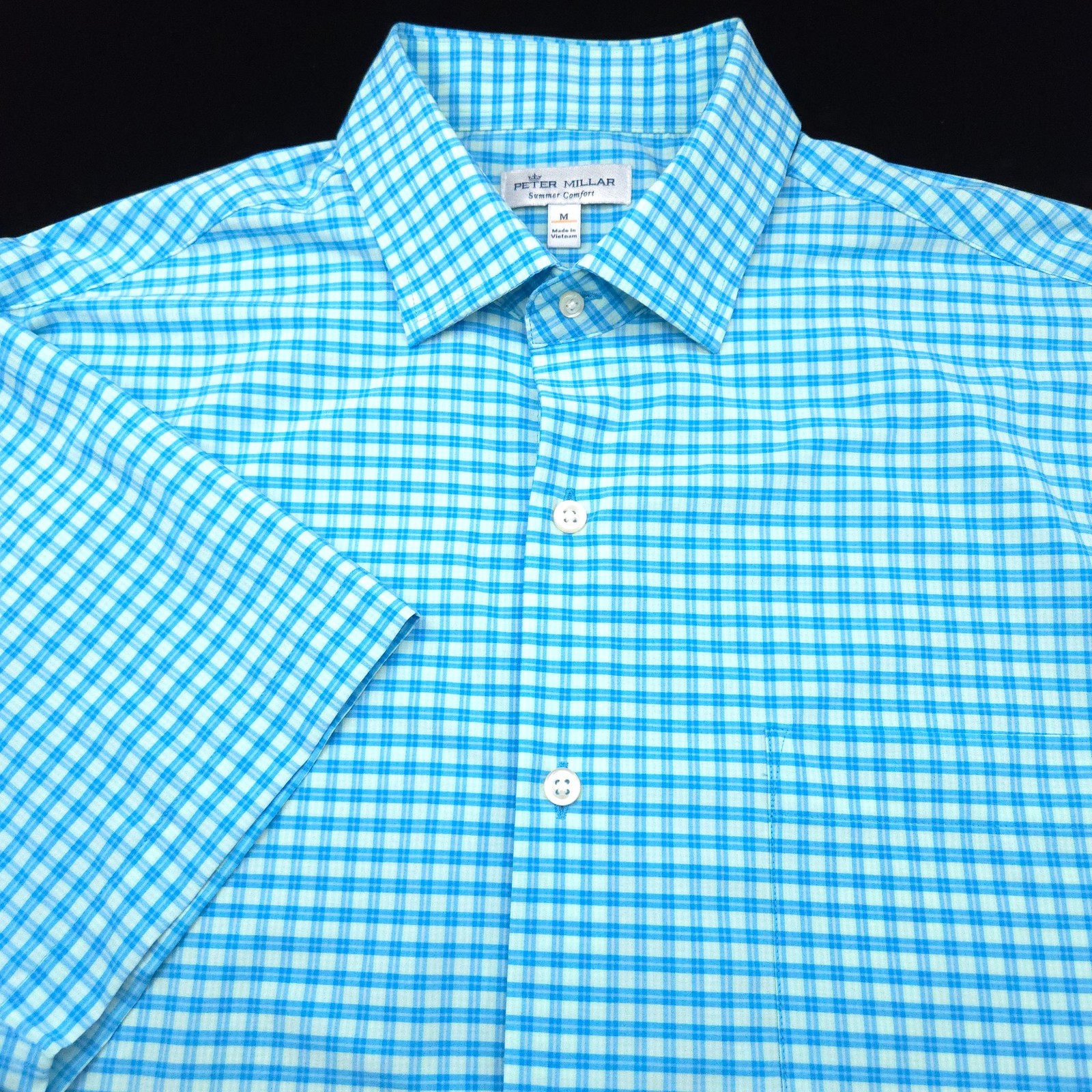 Peter Millar -Summer Comfort Button Shirt -M Aqua Blue Short Sleeve Nylon Poly