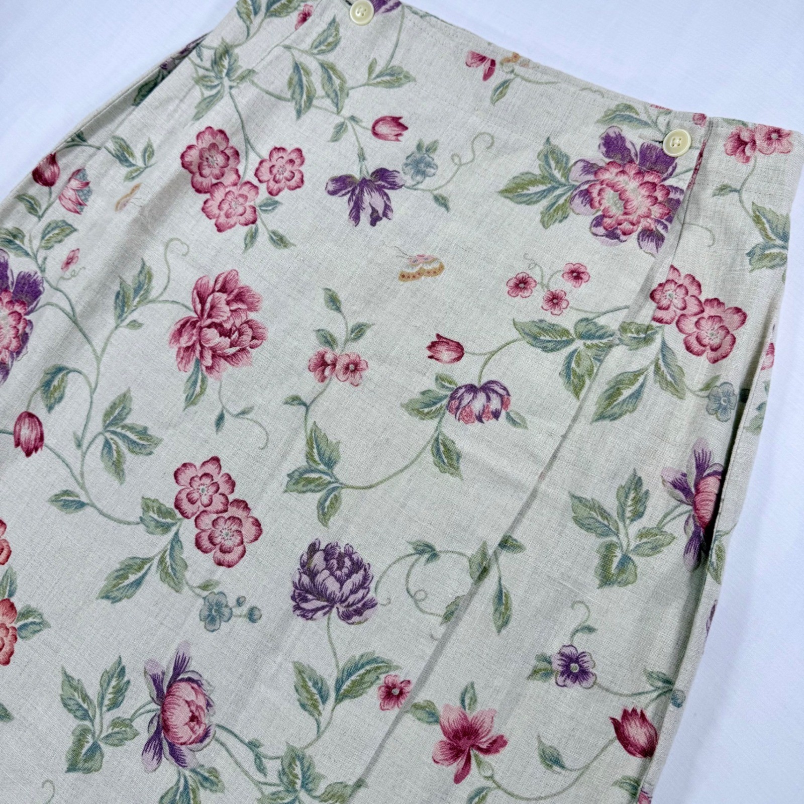 VTG 90s Eddie Bauer Womens Floral 100%Linen Wrap Skirt Beige Pink Purple Maxi 10