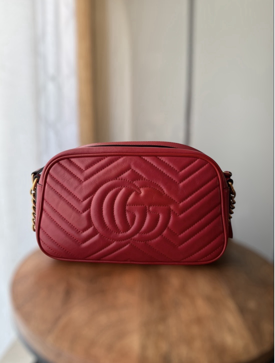 GUCCI GG Marmont Matelasse Red Leather Small Camera Shoulder Crossbody Bag