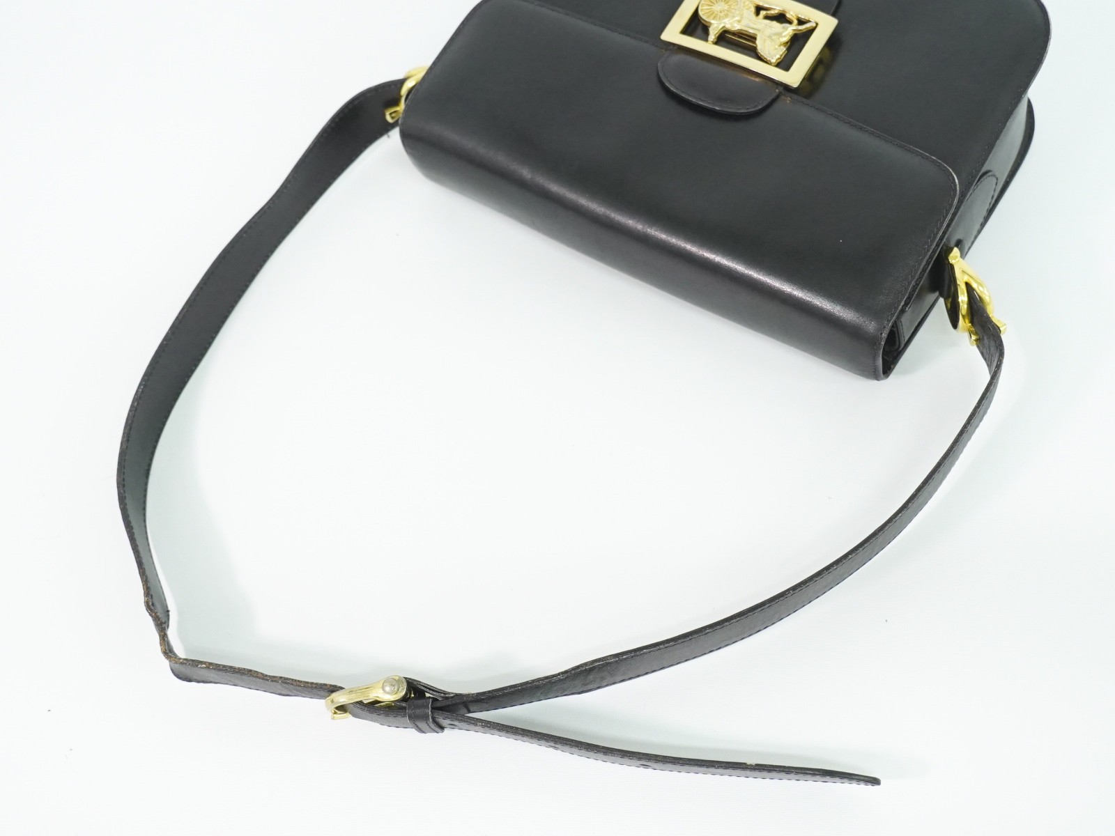 CELINE Horse Carriage Hardware Leather Shoulder Bag Black Gold