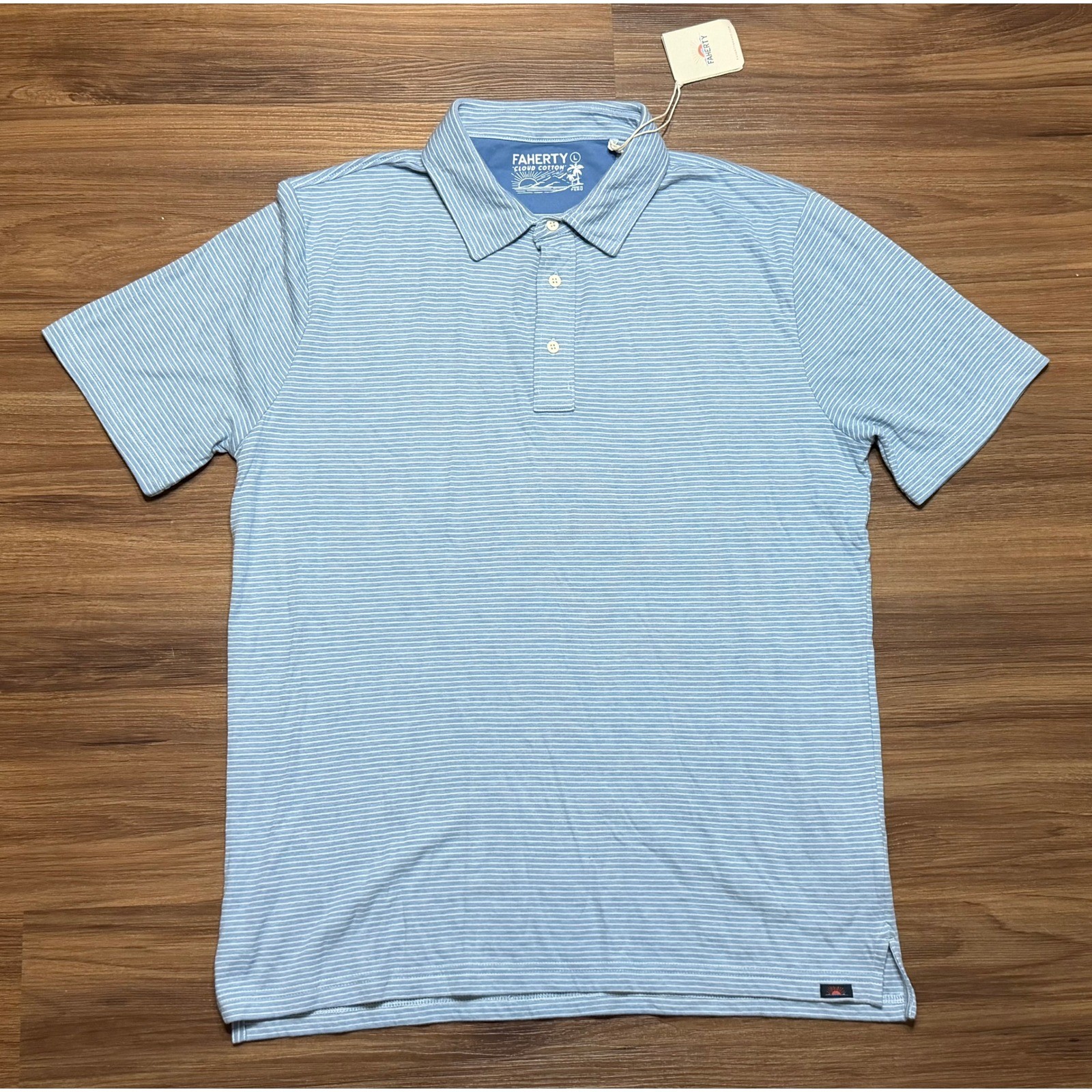 Faherty Cloud Cotton Stripe SS Soft Polo Dune Blue Mens Sz Large NWT