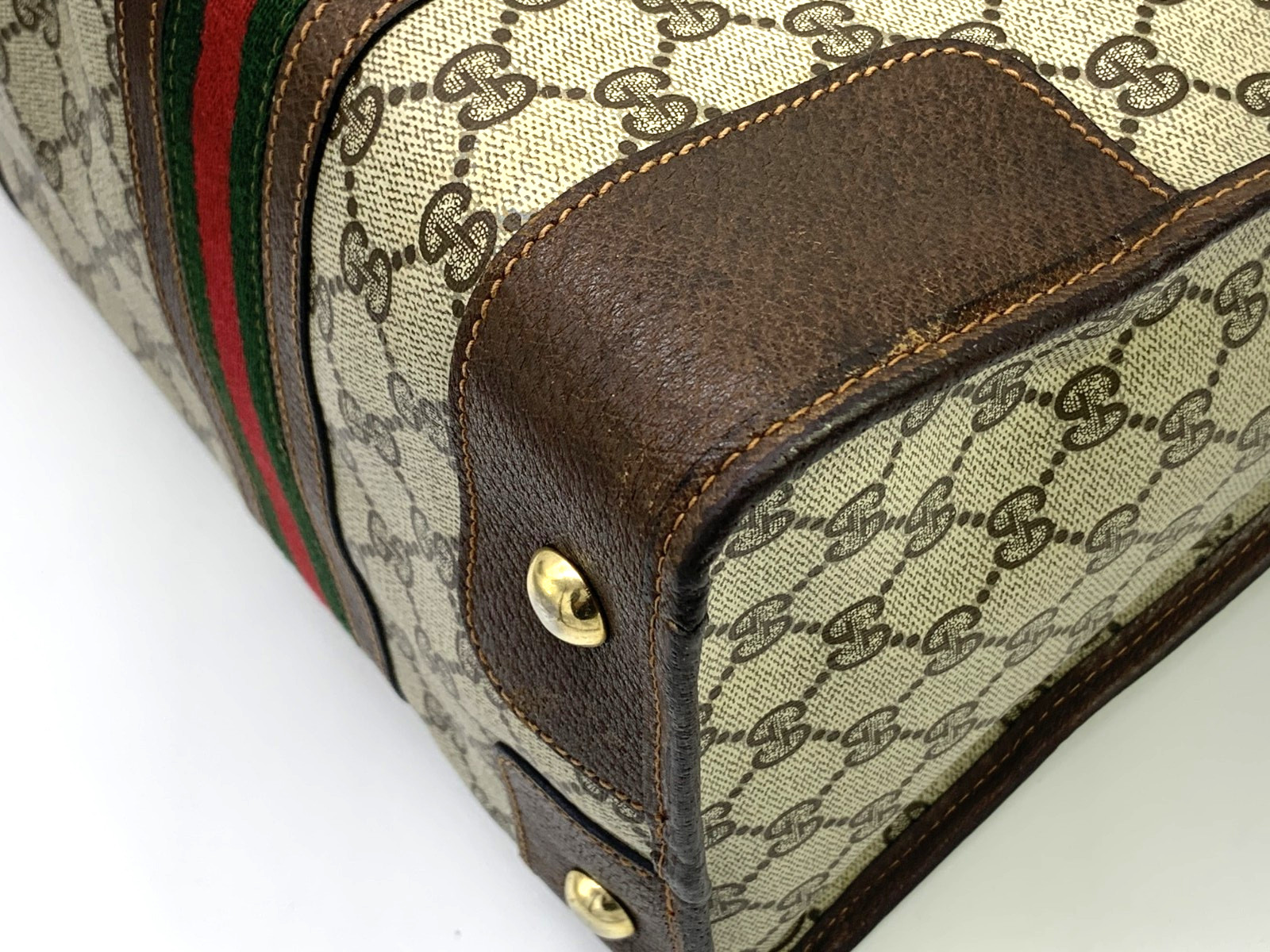 GUCCI VINTAGE Web Stripe Handbag Boston GG Supreme Classic Brown Rare Authentic