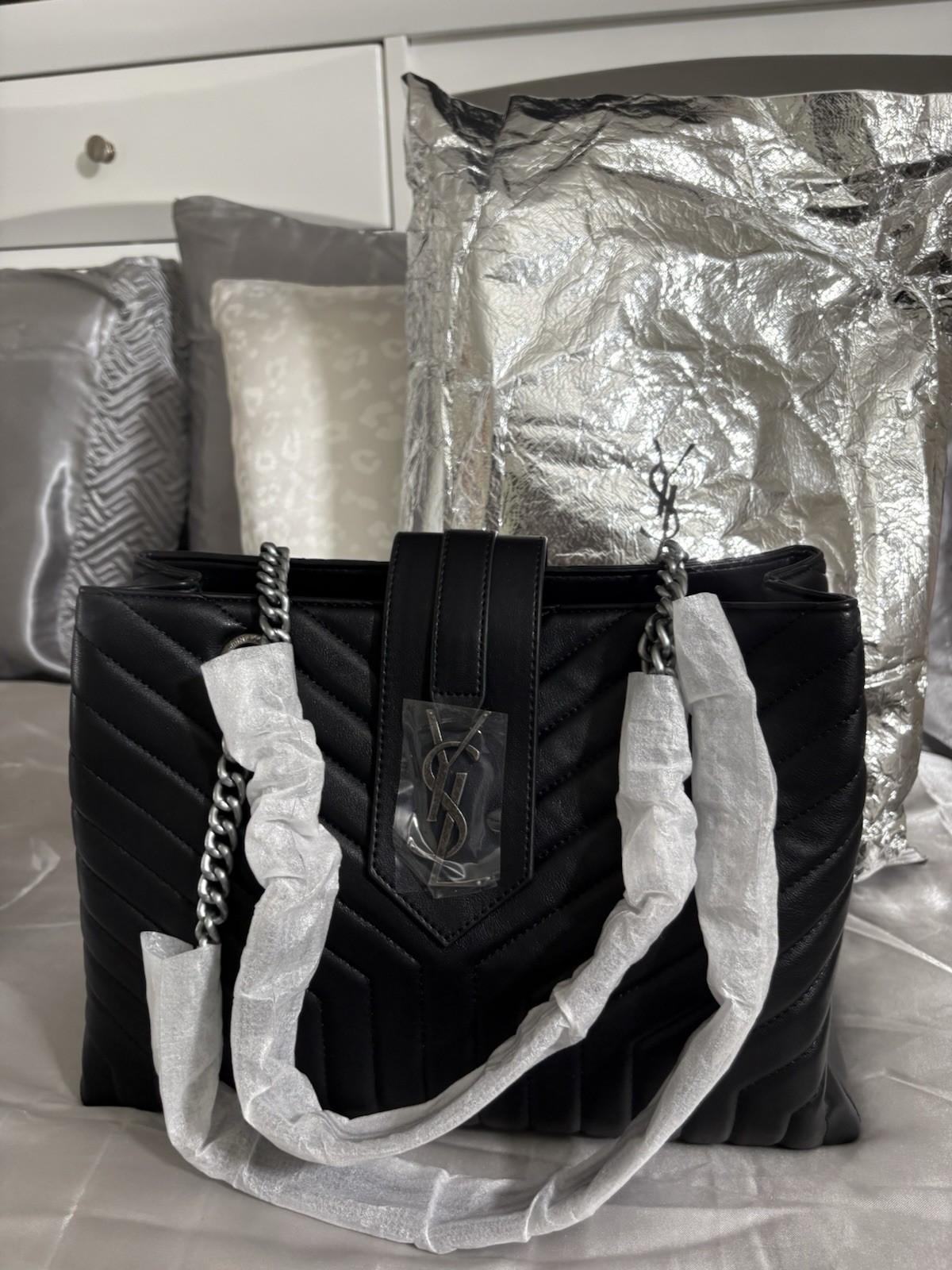 Saint Laurent Black Chevron Shoulder Bag Top Handle Chain Strap Silver Logo