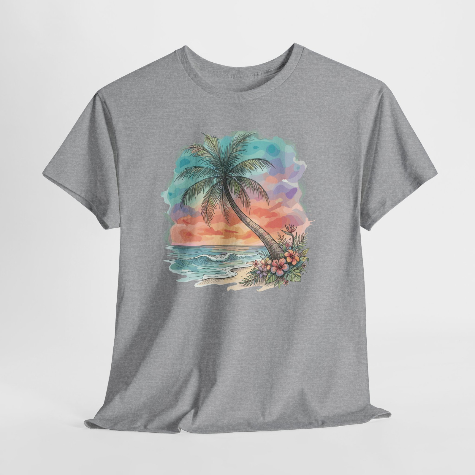 Sunset Beach Palm Tree Ocean Gift Graphic T Shirt Tee Top S-XL, Plus 2X 3X 4X 5X