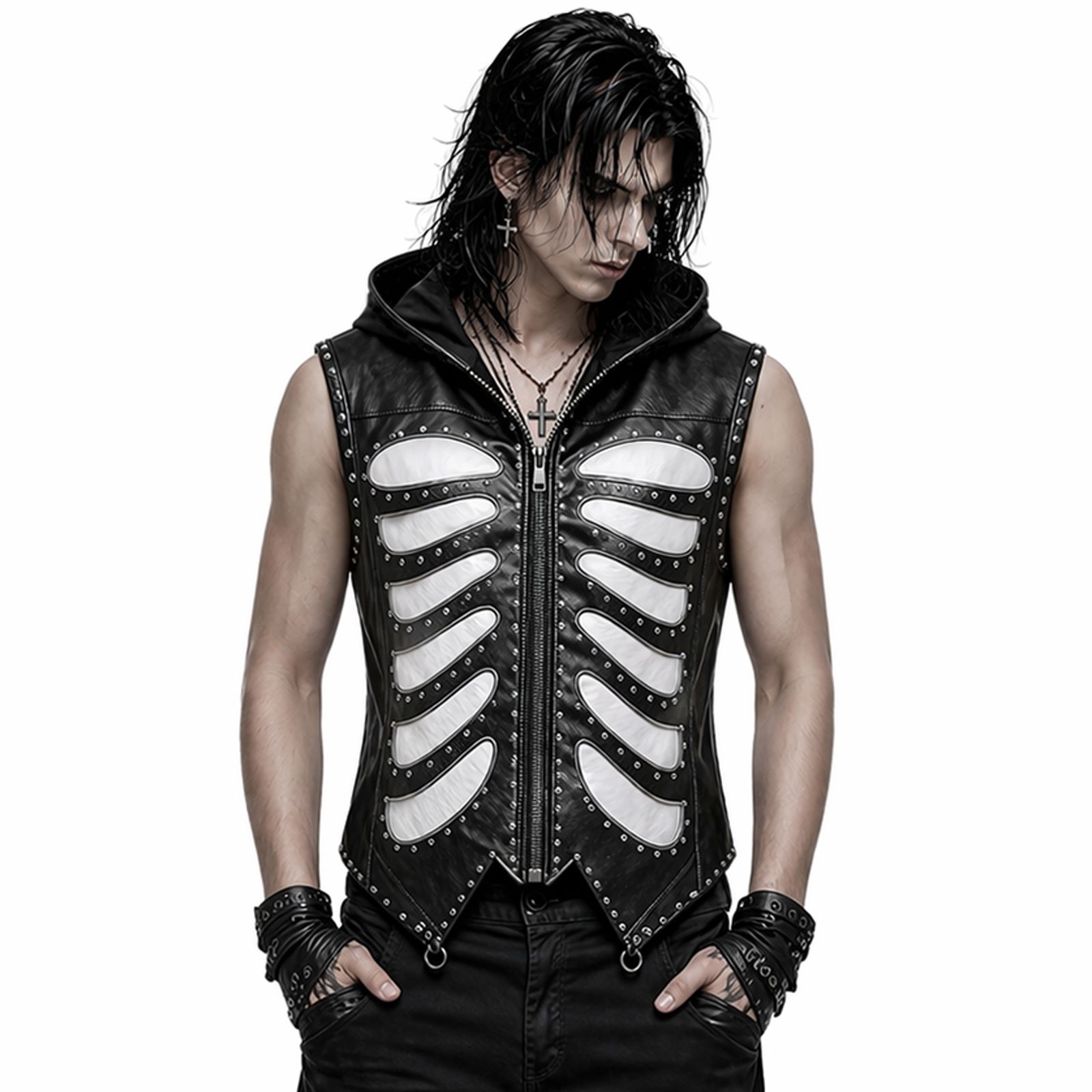 Black Gothic Genuine Leather Vest Hoodie Skeleton Rib Cage Studded Punk Jacket