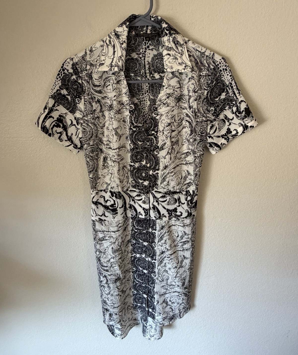 Alberto Makali Black/White Paisley Sheath Collared Short Sleeve Dress XS