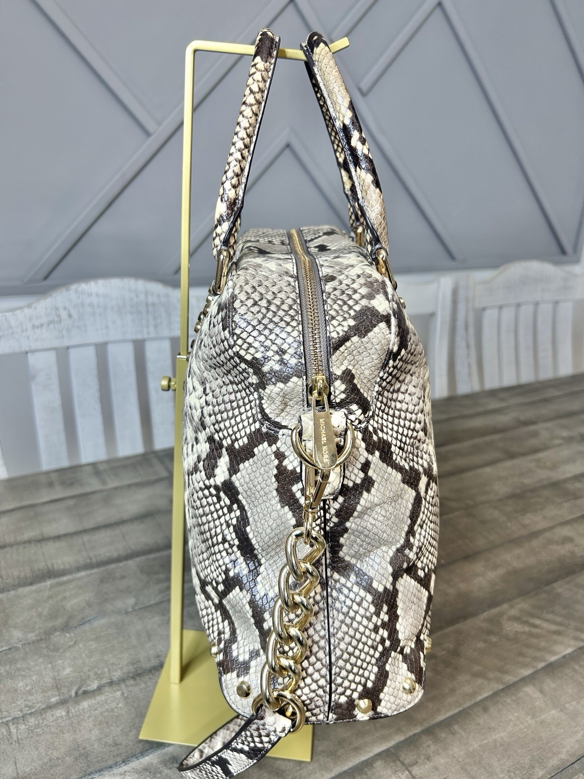 Michael Kors Uptown Astor Python Embossed Leather Studded Satchel Crossbody