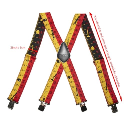 Men’s 2″ Wide Heavy Duty X-Back Elastic Suspenders, Strong Metal Clips, Red