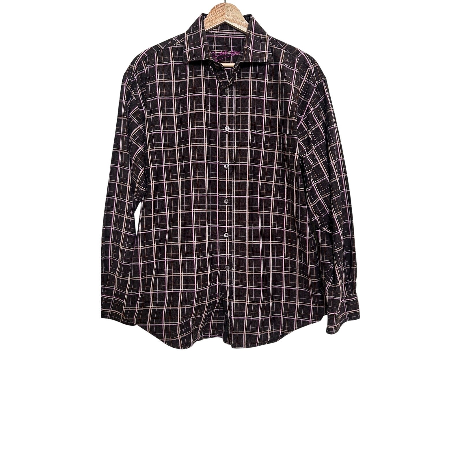 Bugatchi Uomo Shirt Mens M Brown Pink Check Button Up Long Sleeve Classic