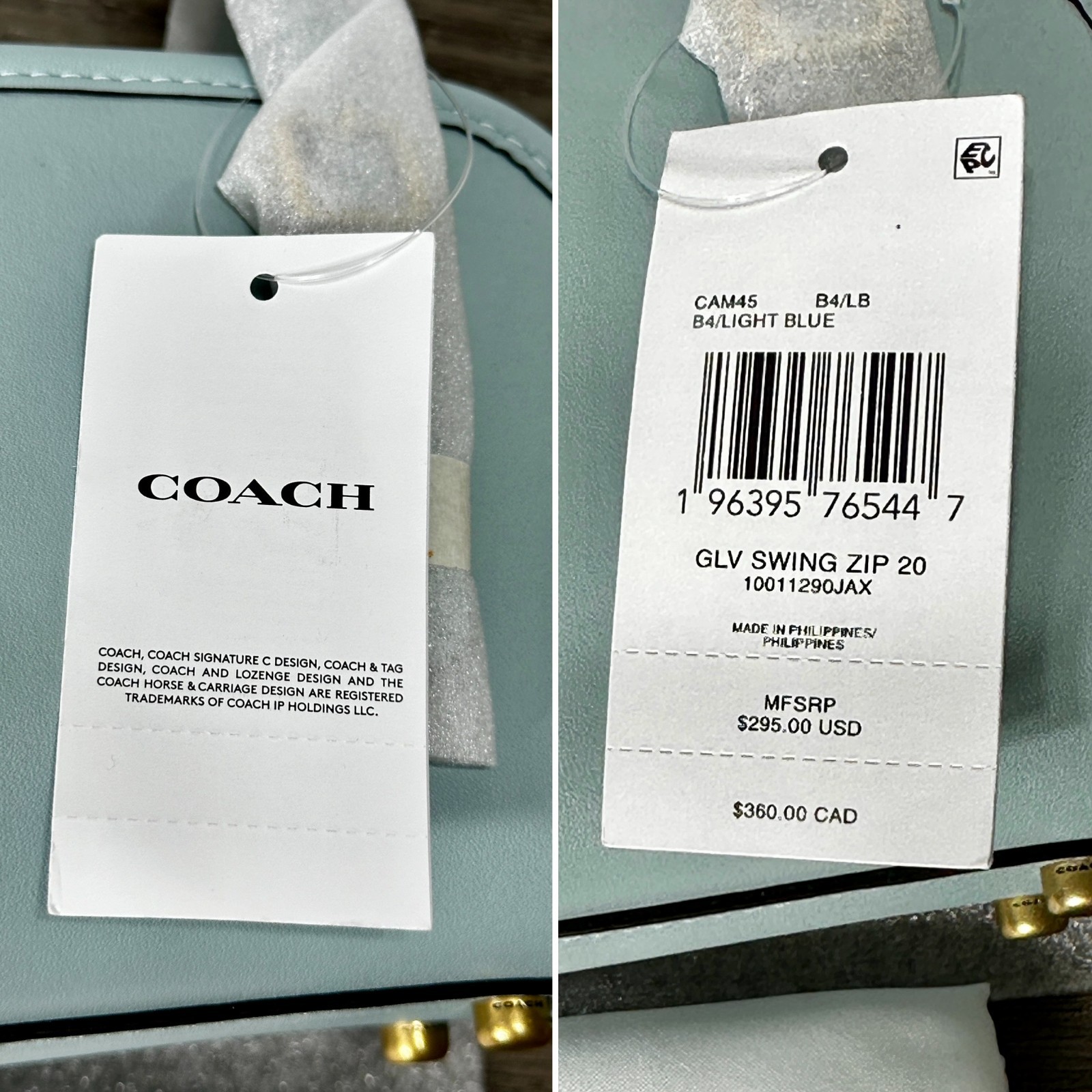 Coach Swing Zip Bag 20 in Light Blue Glovetanned Leather CAM45 NWT
