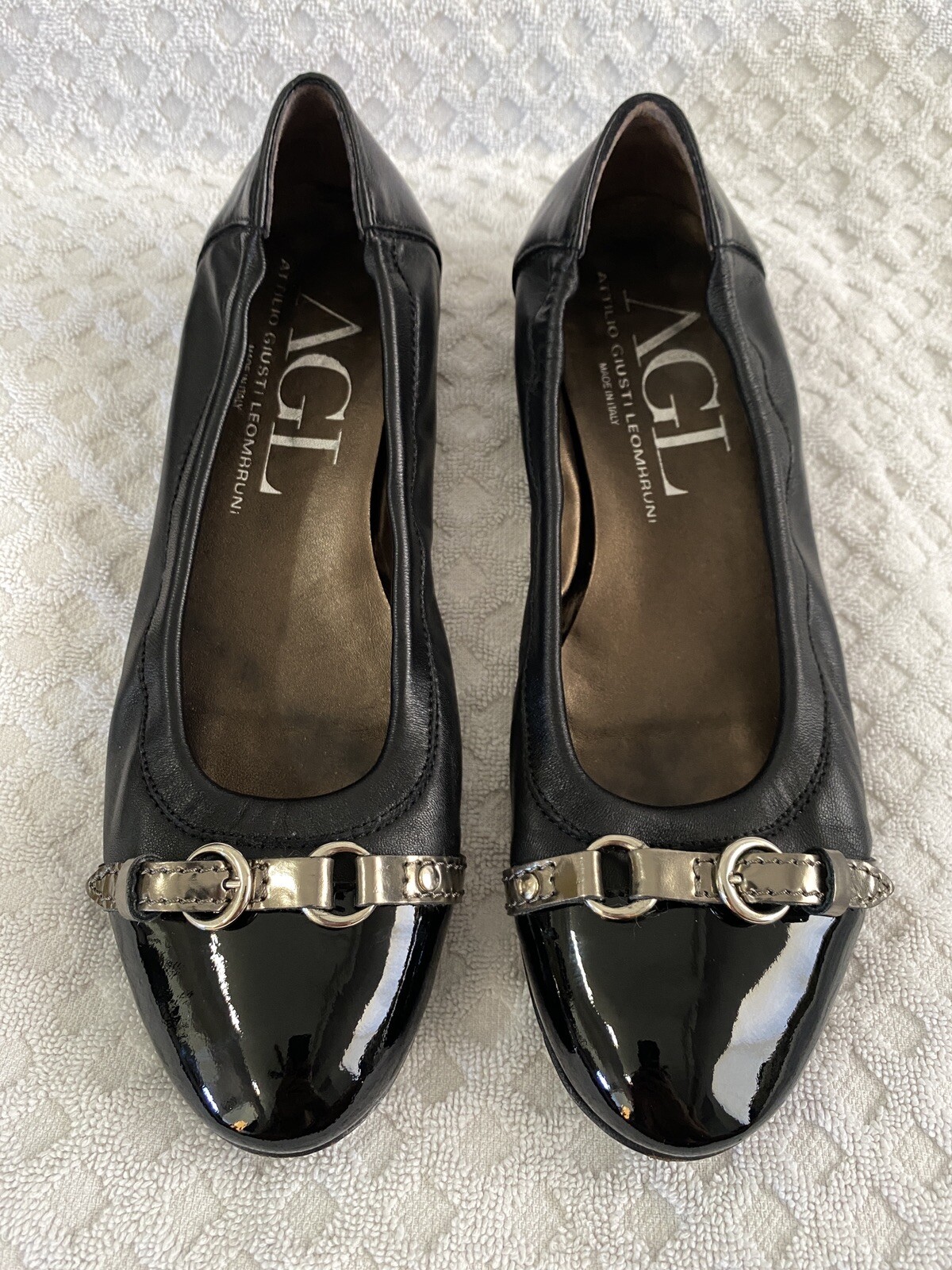 AGL Monika Cap Toe Ballet Flats Black Patent Leather Bronze Size 38.5 US 8.5