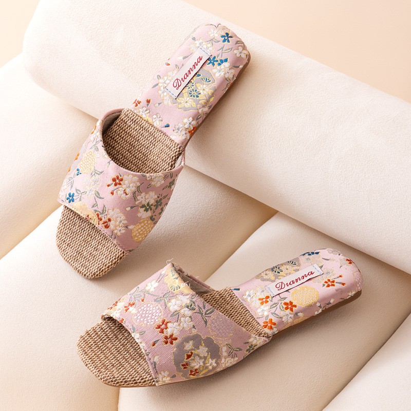 Linen Slippers for Womens Breathable Summer House Shoes with Anti-Slip TPR Sole
