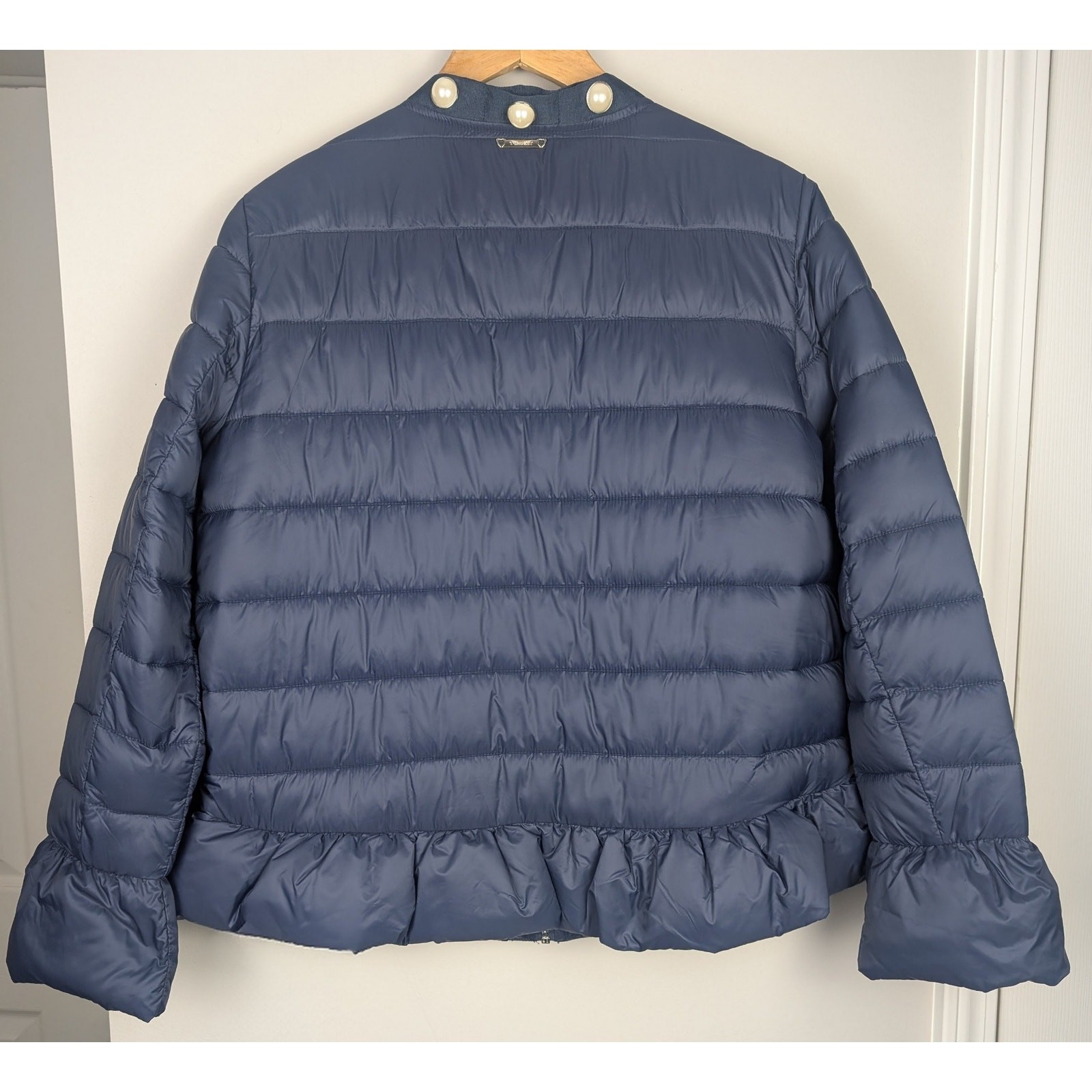Twinset Simona Barbieri Pearled Trim Ruffle Quilted Puffer Jacket Navy 44 46 M L