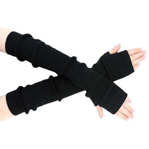Winter Fingerless Long Gloves for Women Cashmere Blended 50cm/19.7in Black