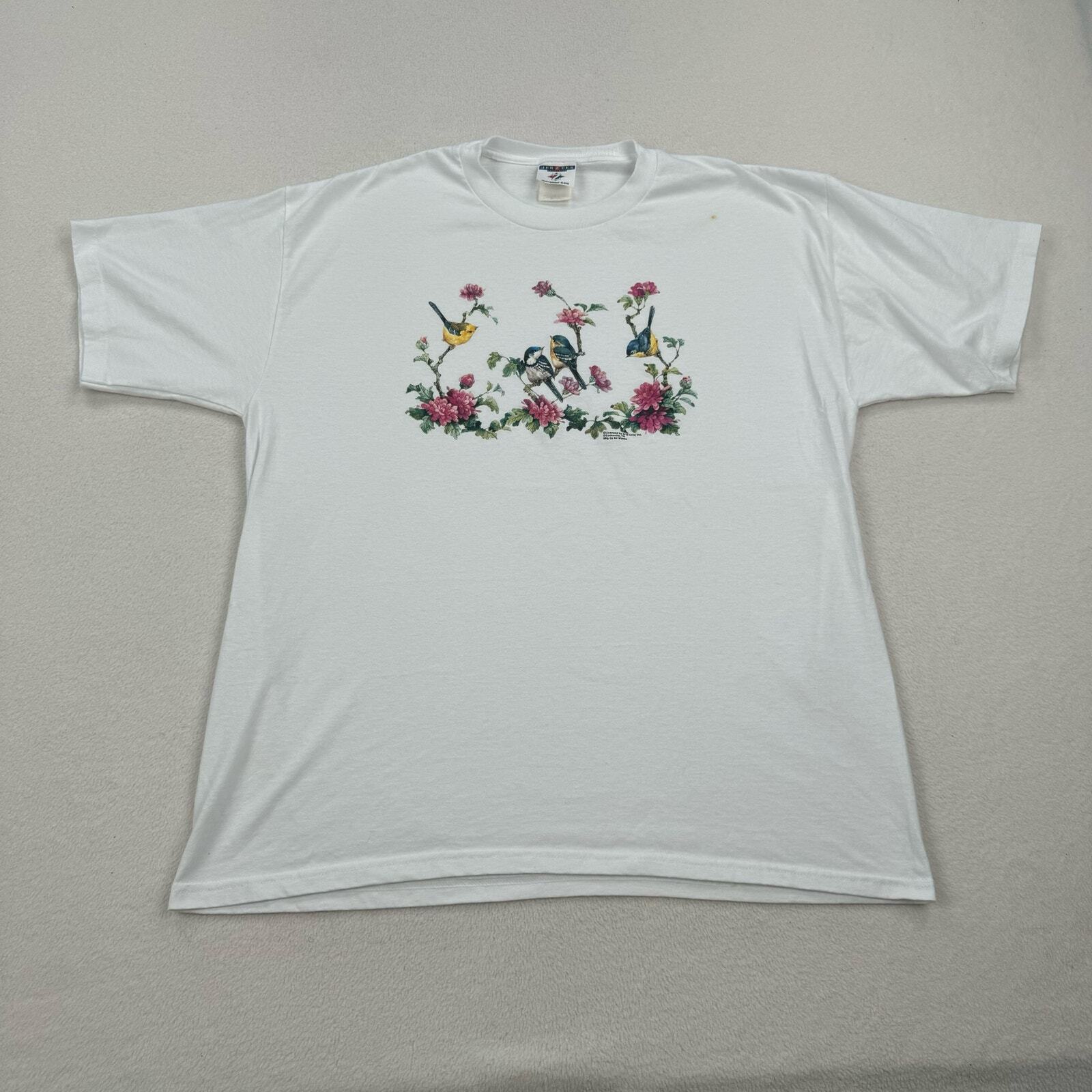 Vintage Flower Shirt Size Large White Short Sleeve Floral Birds Cottage Cute