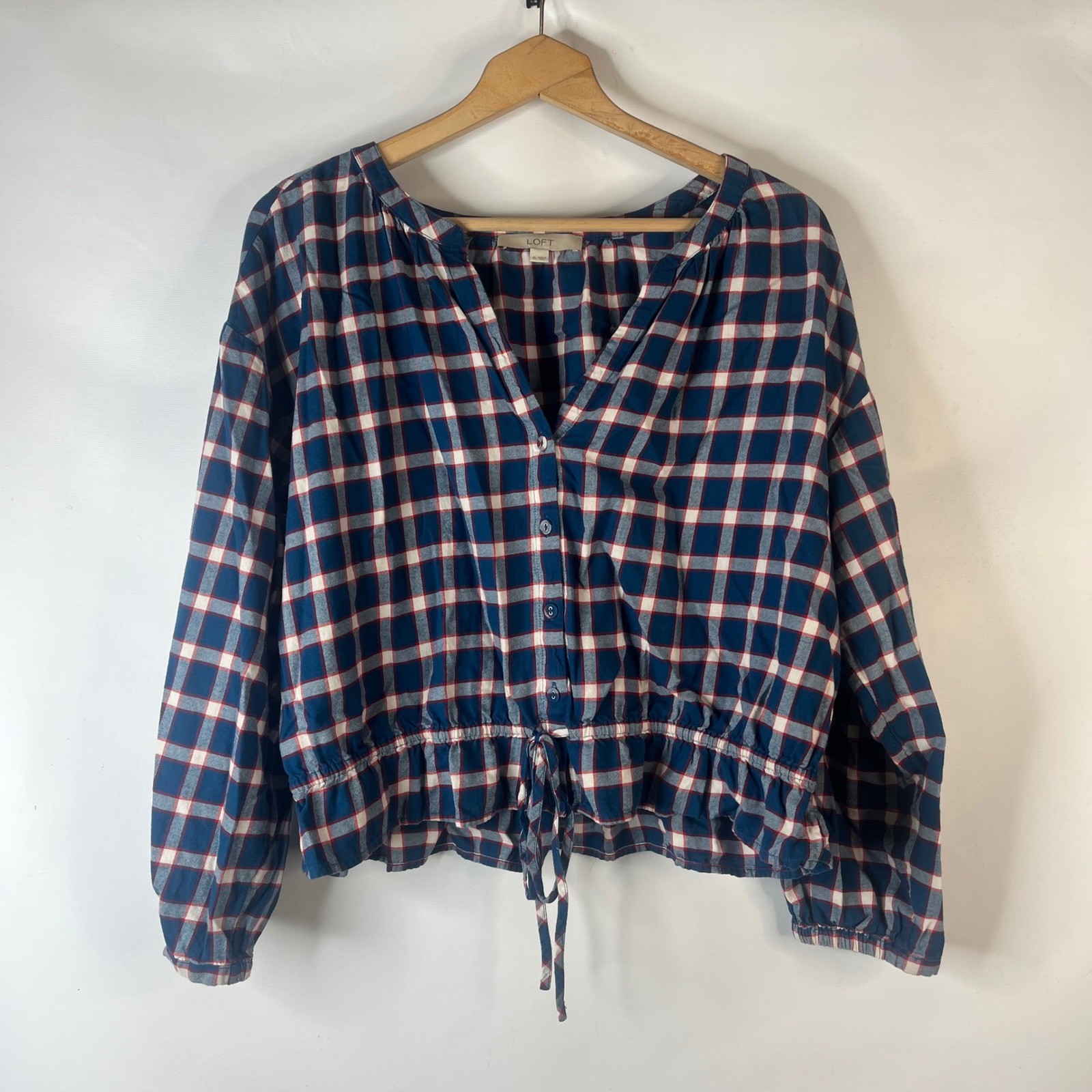 LOFT Blouse Womens XL Blue Red Plaid Peplum Drawstring Waist V-Neck Top