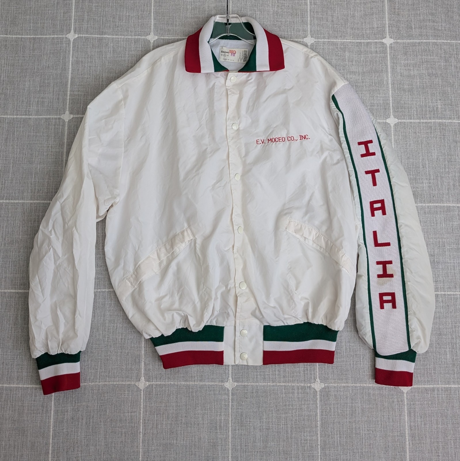 Vintage King Louie Italia Jacket Mens XL White Varsity USA Company Name Read**