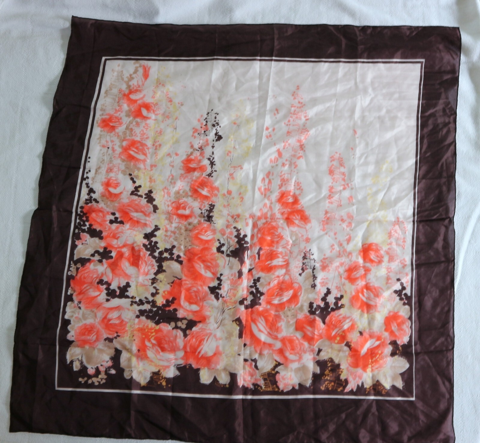 UNBRANDED Brown Border Floral Print Silk Scarf 32 X 32 EXC