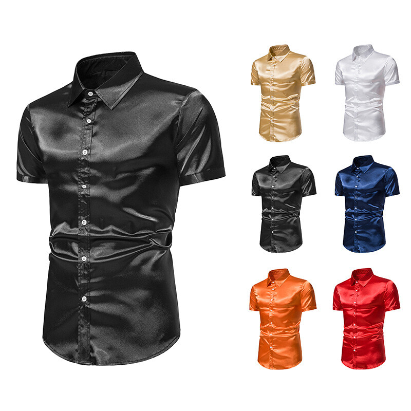 Men Faux Silk Satin Glossy Tops Short Sleeve Shirt Fit Button Stage Costumes Top