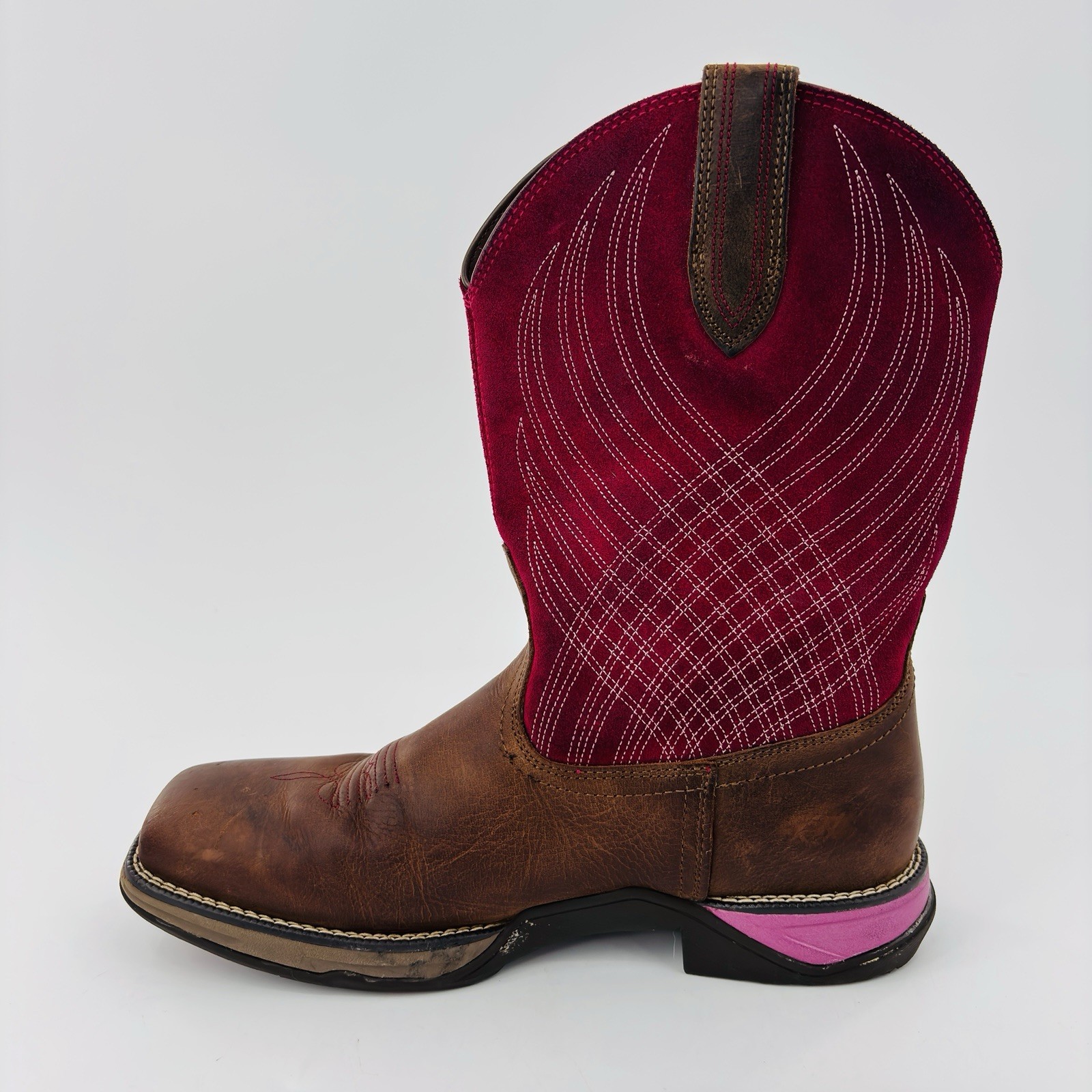 Womens 9 B Ariat Anthem Pink Brown Leather Square Toe Cowboy Boot Slip Resistant