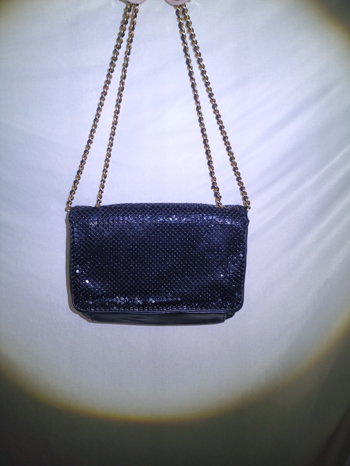 Whiting & Davis Black Metallic Mesh Small Shoulder Bag, Gold Chain Strap Mirror