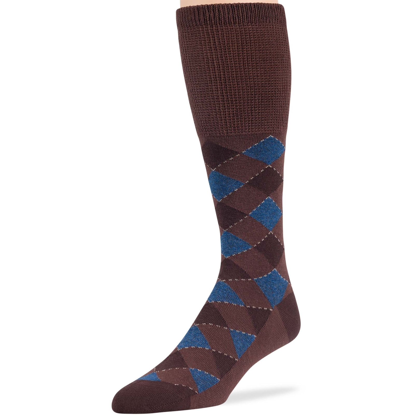 Men Diabetic Cotton Mid-Calf Socks 5 Pack XLarge Argyle Stripe Brown Denim Blue
