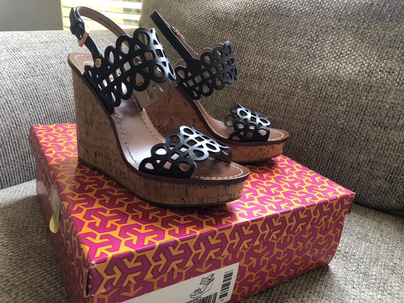 On Sale New Tory Burch Nori Size 6.5 Bright Navy 115mm Wedge Sandals RETAIL $350