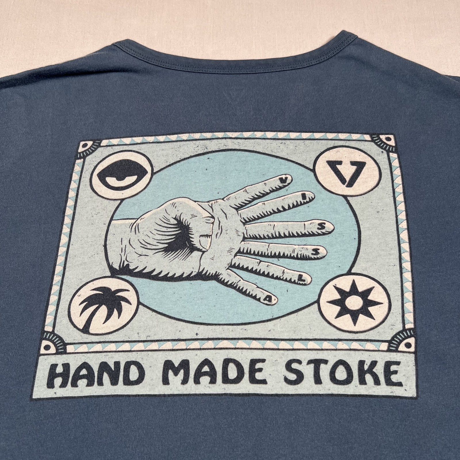 Vissla Graphic T-Shirt Mens Large Blue Hand Made Stoke Vintage Wash Surf Beach
