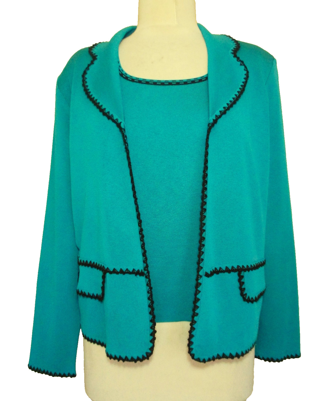 Ming Wang 2-Piece Twinset Turquoise Black Cardigan & Tank Knit S/M Women NWT
