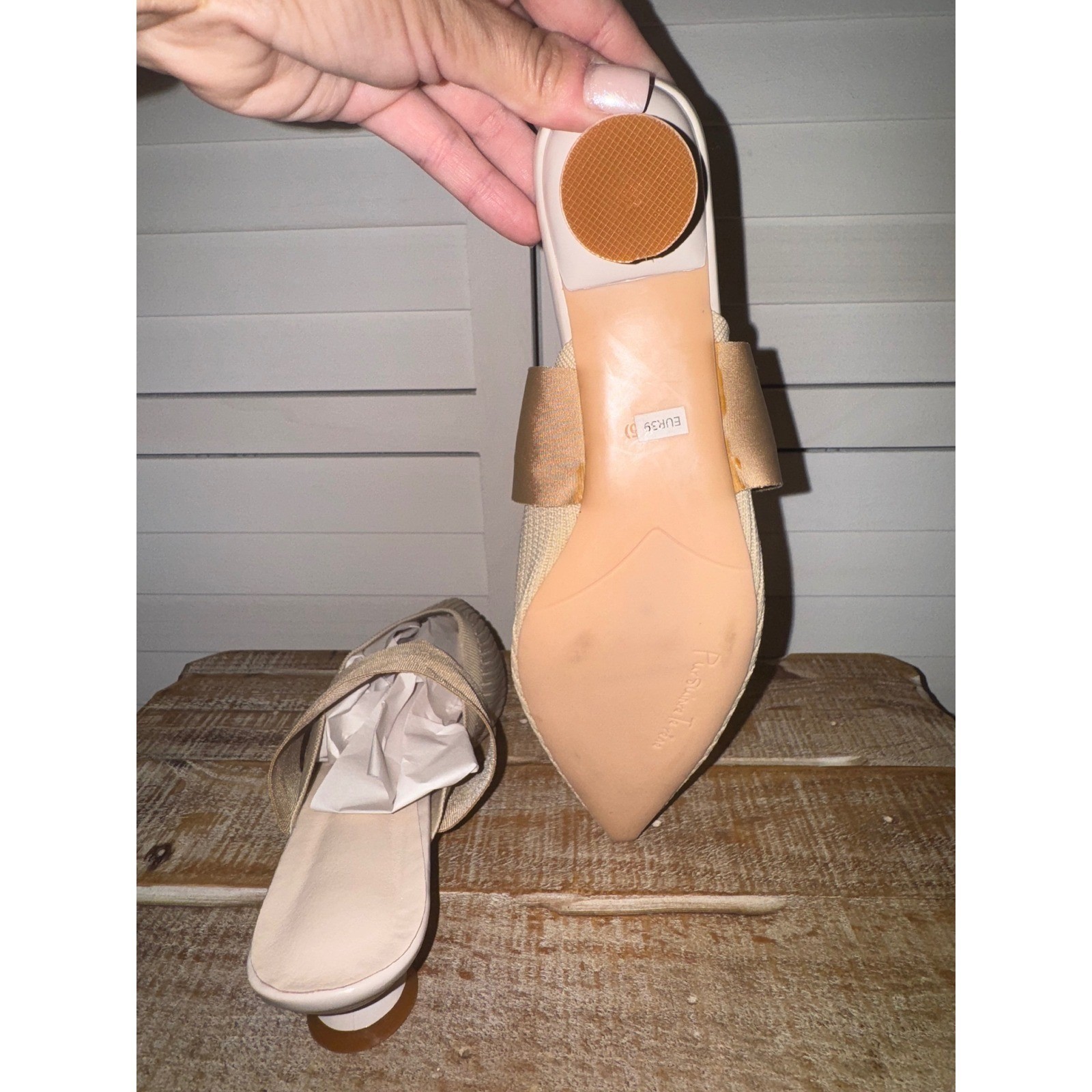 Womens Pointed Toe Knit Mules Heeled Slip On Slides Summer Beige Size 39 (8.5)