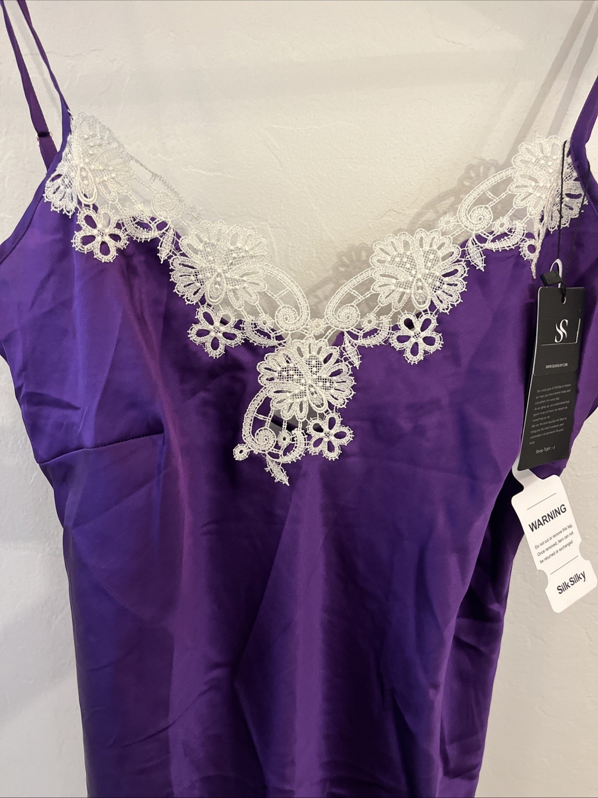 NWT SilkSilky 100% Silk Chemise Nightgown Purple Lace Trim Back Size M