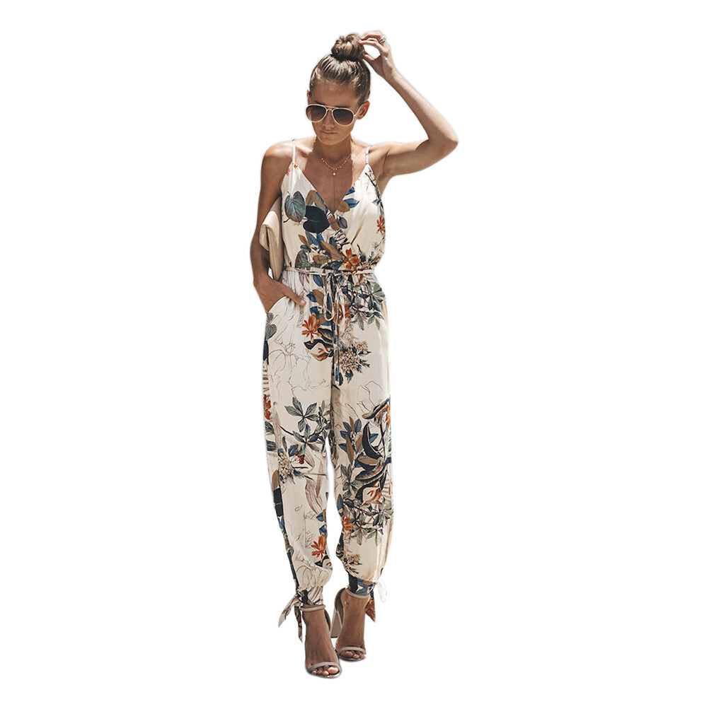 Women’s Cotton Floral Jumpsuit Halter Tie Ankle Split Leg Sleeveless Rompers