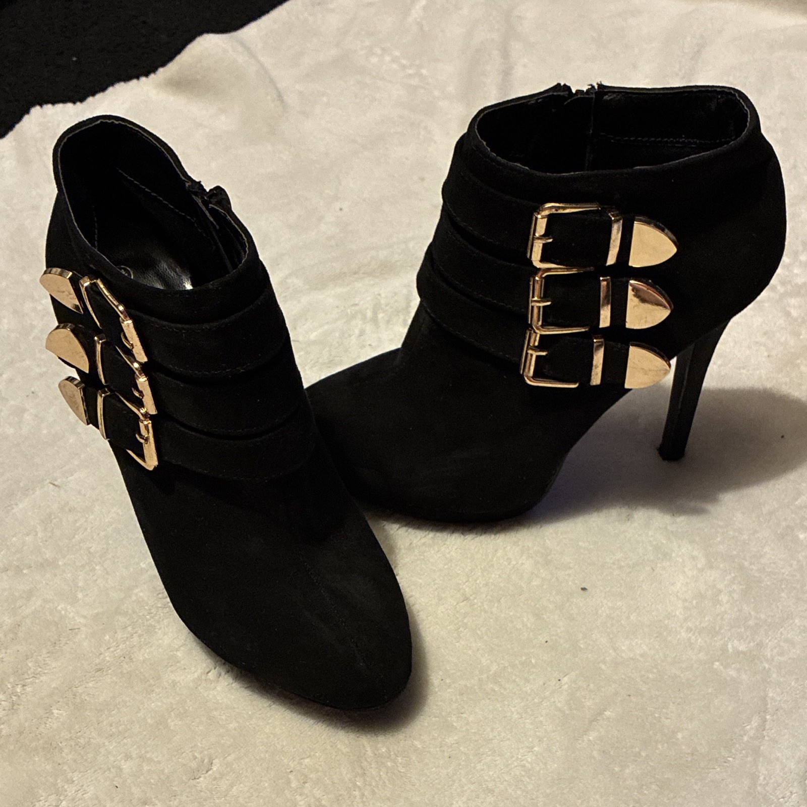 Forever Black Ankle Bootie Faux Suede Stiletto Almond Toe Side Zip Buckle